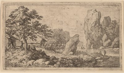 En spids kampesten ved bredden af en flod, sandsynligvis ca. 16451656. af Allart van Everdingen