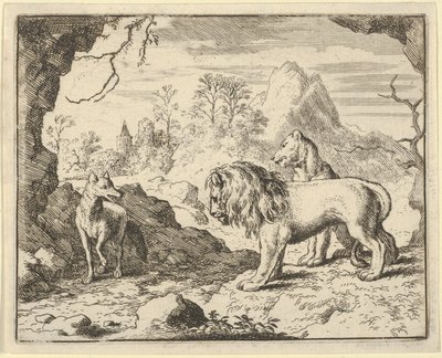 Renard overbeviser løven og løvinden om at finde en skat, som hans far stjal fra dem ..., 1650-75. af Allart van Everdingen