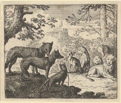 Renards forældre beder om at trække sig tilbage fra hoffet, fra Hendrick van Alcmars "Renard ræven" af Allart van Everdingen