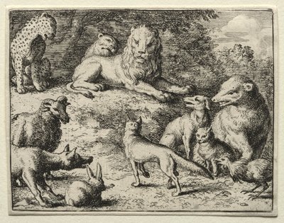 Reynard the Fox: Reynard dukker op ved retten. af Allart van Everdingen