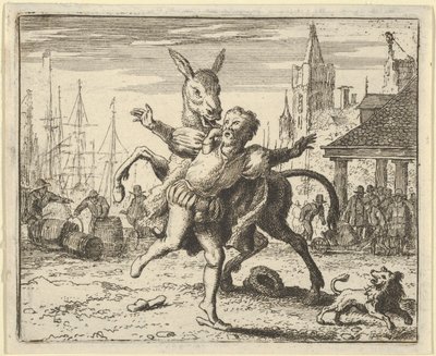 Æselen, jaloux på den opmærksomhed, hunden får fra sin herre, ser ud til at efterligne ..., 1650-75. af Allart van Everdingen