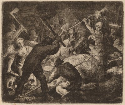 Bjørnen overfaldet af bønderne, sandsynligvis ca. 16451656. af Allart van Everdingen