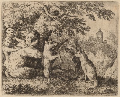 Bjørnen og ulven forfølges, sandsynligvis ca. 16451656. af Allart van Everdingen