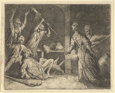 Katten, fanget i en snare, mishandles af folket fra huset, 1650-75. af Allart van Everdingen