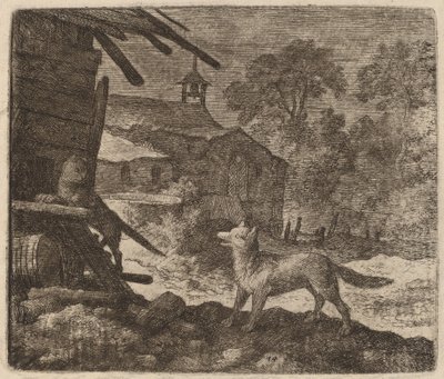 Katten går ind i laden, mens Reynard ser på, sandsynligvis ca. 16451656. af Allart van Everdingen