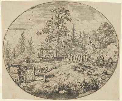 Landskabet med træbroen, 1600-tallet. af Allart van Everdingen