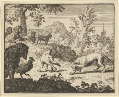 Løven tillader en kamp mellem ulven og Renard, 1650-75. af Allart van Everdingen