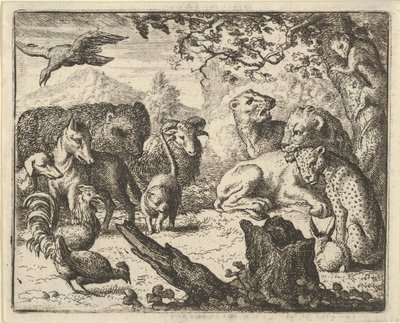 Løven annoncerer en varig fred til de dyr, der omgiver ham, 1650-75. af Allart van Everdingen
