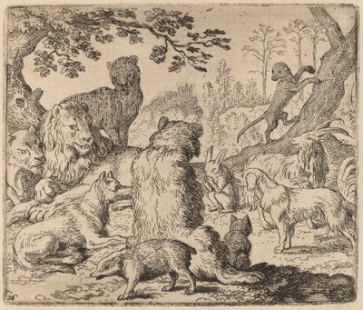 Løven beordrer et masseangreb på Reynard, sandsynligvis ca. 16451656. af Allart van Everdingen