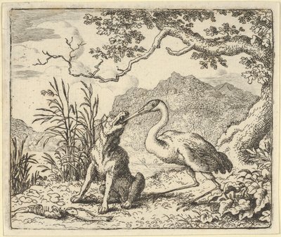 Storken fjerner en knogle fra ulvens hals fra Hendrick van Alcmars Renard The F..., 1650-75. af Allart van Everdingen