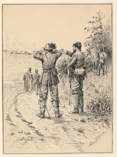 Officerer og general ser på et søslag (Slaget om monitoren og Merrimac) af Allen Carter Redwood
