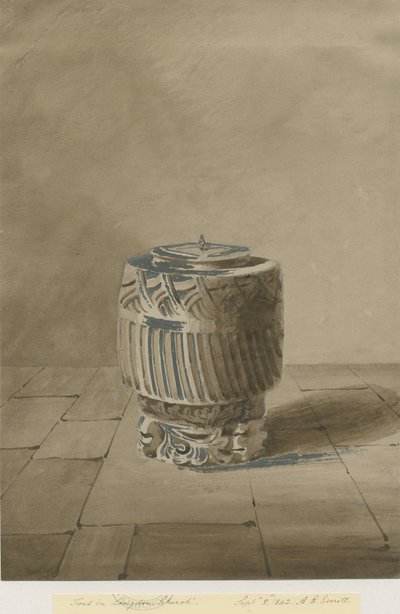 Skrifttype i Longdon Church: sepia vasketegning, 8. september 1842 af Allen Edward Everitt