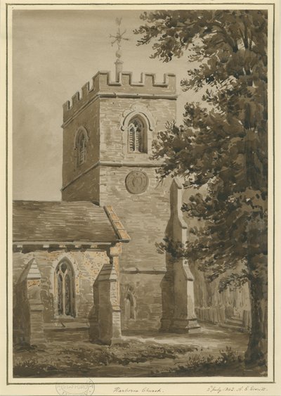 Harborne Church: rød sepia-tegning, 2. juli 1842 af Allen Edward Everitt