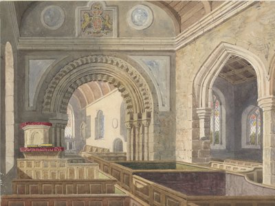 Interiør af Longdon Church: akvarelmaleri, ndc 1842] af Allen Edward Everitt
