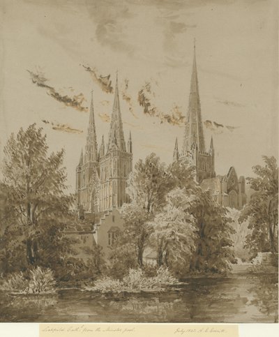 Lichfield Cathedral - South West View: sepia-tegning, juli 1842 af Allen Edward Everitt