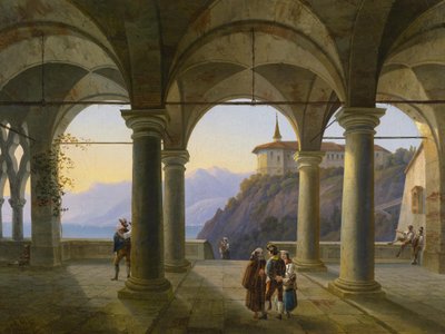 Søjleterrasse med mennesker og udsigt over en bjergsø af Alois Gustav Schulz