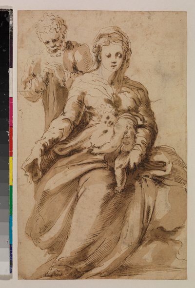 Holy Family (recto) c.1537 (spor af sort kridt, kuglepen og brunt blæk og brun vask på lagt papir) [se 5948316] af Alonso (workshop of) Berruguete