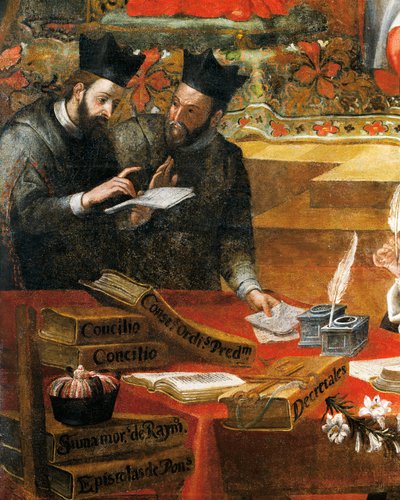 Diskussion mellem to jesuitter, detaljer fra St. Raymond af Penafort, rådgiver for pave Gregor IX, af Alonso Antonio Villamor (1661-1729). Fra St Steven