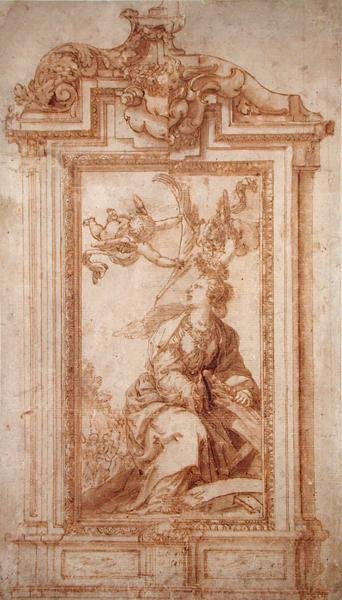 Arkitektonisk design med kvindefigur og putti (pen & blæk og vask på papir) af Alonso Cano