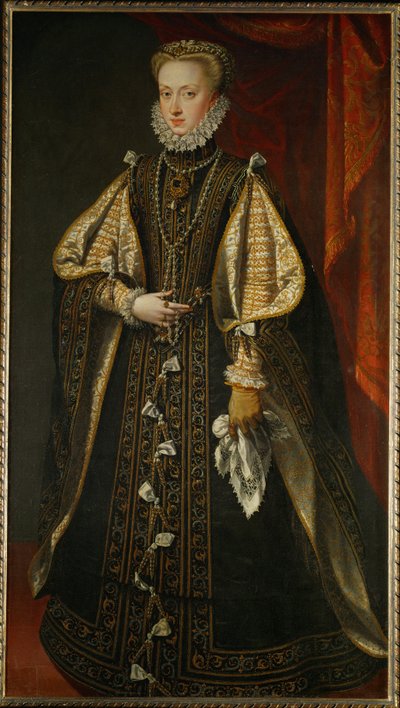 Ærkehertuginde Anna af Østrig, dronning af Spanien Som 21-årig blev hun den fjerde hustru til sin onkel, kong Filip II ... (maleri på lærred) af Alonso Sánchez Coello