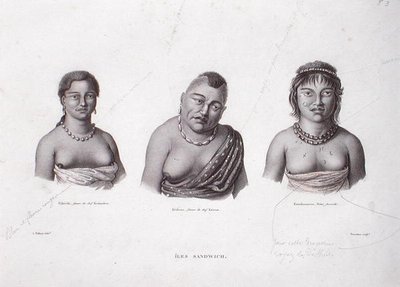 Hustruer til Hawaii-høvdingene fra Sandwichøerne, ca. 1824 (gravering) af Alphonse (after) Pellion