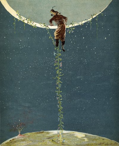 Baron Münchhausen klatrer op til månen ved hjælp af en tyrkisk bønneplante, fra "Baron Münchhausens eventyr" af Rudolf Erich Raspe (1736-94), udgivet omkring 1886. af Alphonse Adolphe Bichard