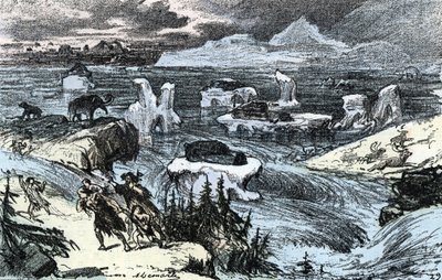 Forhistorie; oversvømmelse i Centraleuropa i slutningen af istiden Stik fra "" Natur og Menneske" af Rengade 1881 Privat samling af Alphonse Demarle