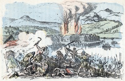 Forhistorie: krigsskueplads i begyndelsen af jernalderen, brand på pælehusbebyggelsen Gravering fra "" La nature et l