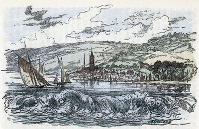 Udsigt over tidevandsboringen af ​​Seinen til Caudebec-en-Caux (Caudebec en Caux) i Seine Maritime, Normandiet (tidevandsboringen af ​​Seine-floden a Caudebec en Caux, Normandiet) Indgravering fra "" La nature et l