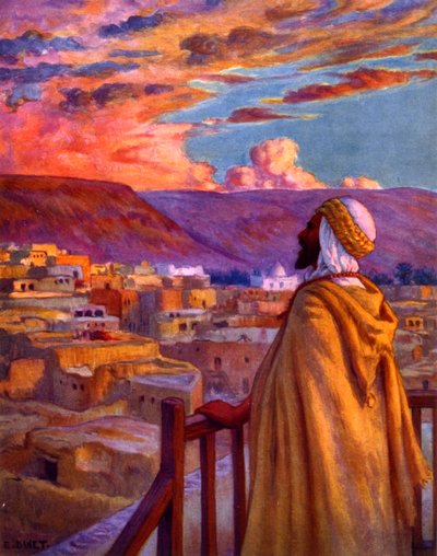 Muezzin kalder de troende til bøn i en landsby i ørkenen. af Nasreddine Dinet (Alphonse-Étienne Dinet). 1861 1929. en fransk orientalistisk maler 1918 af Alphonse Etienne Dinet