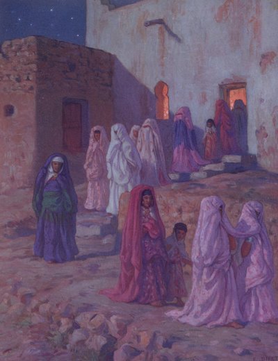 Muslimer, der forlader landsbymoskeen på aftenen for Mouled, illustration fra en historie om profeten Muhammeds liv, offentliggjort i Paris i 1918 af Alphonse Etienne Dinet