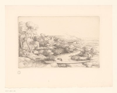 Landskab med planke over en flod la passerelle af Alphonse Legros (attributed to)