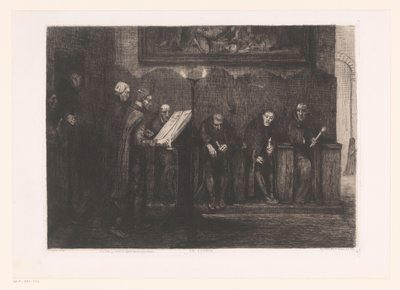 Otte mand omkring en talerstol Le lutrin (titel på objekt) af Alphonse Legros
