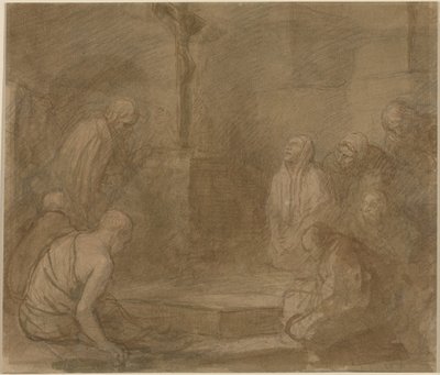 At the Foot of the Cross (pen og brunt blæk med brun lavering over grafit på lagenpapir) af Alphonse Legros