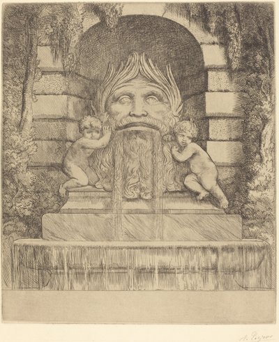 Springvand: Grotesk, børn og bassin Une springvand: Masque, enfants et bassin. af Alphonse Legros