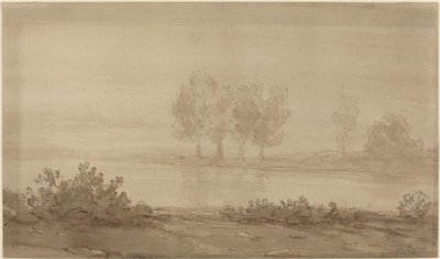 Landskab - Fire træer hinsides en flod. af Alphonse Legros