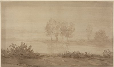 Landskab - fire træer på den anden side af en flod af Alphonse Legros
