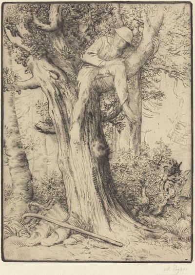 Landskab med en dreng i et træ af Alphonse Legros