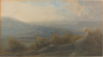 Bjerglandskab med to figurer til højre af Alphonse Legros