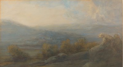 Bjerglandskab med to figurer til højre, 1905. af Alphonse Legros