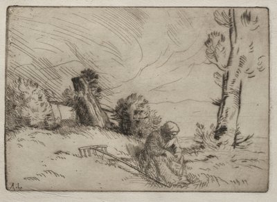 Bondekvinde siddende nær en hæk. af Alphonse Legros