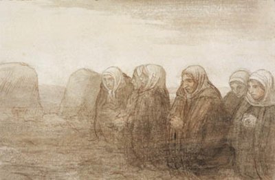 Seks bondekoner i bøn på en efterårsmark af Alphonse Legros