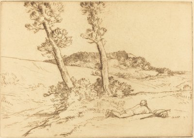 Rejsende tilbagelænet på græsset Den rejsende, der læner sig tilbage på græsset. af Alphonse Legros