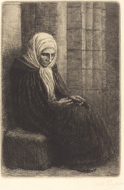 Kvinde siddende mod en væg, barn med hovedet i skødet Femme assis, muraille au fond.... af Alphonse Legros