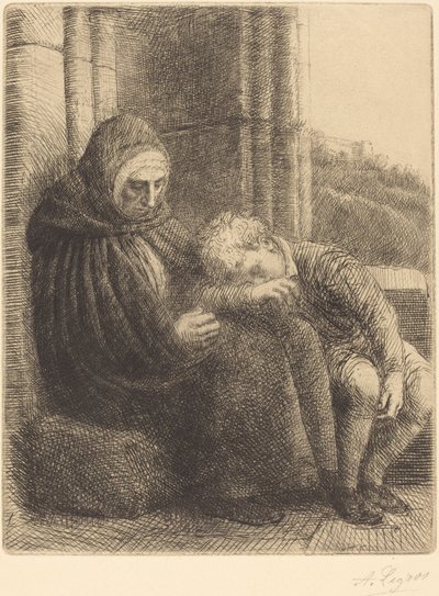 Kvinde, der sad mod en mur, barn med hovedet i hendes skød Femme Assise, Muraille .... af Alphonse Legros