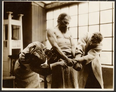 [Tre modeller, der poserer for den "symbolske gruppe" på billedet "Sankt Vitus-festen i Rügan" fra "Slavernes epos-cyklus, Zbiroh, Bøhmen"]. af Alphonse Maria Mucha