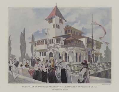 Pavillon i Bosnien-Hercegovina ved Exposition Universelle 1900, Paris (farve litho) af Alphonse Marie (after) Mucha