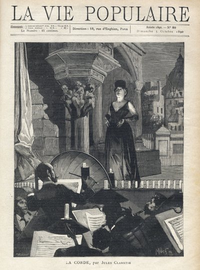 En sanger på scenen står over for orkestret i pitten, musikerne og dirigenten i fuld optræden. Illustration af Alfons Maria Mucha (Alphonse Marie Mucha af Alphonse Mucha