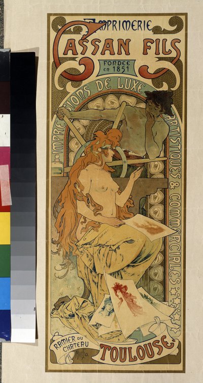 Reklameplakat for trykkeriet ""Cassan Fils, luksus, kunstnerisk og kommercielt tryk"" i Toulouse. Plakat af Alfons Maria Mucha (Alphonse Marie Mucha af Alphonse Marie Mucha