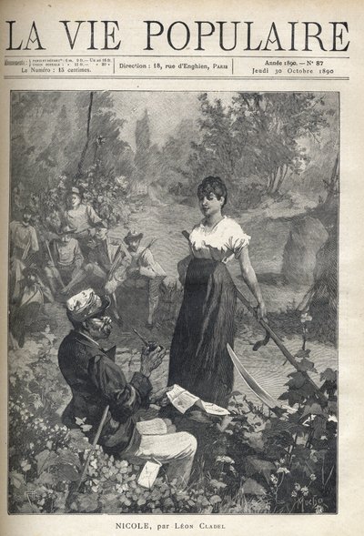 En gammel mand læser et brev til en smuk ung bonde, der holder en falsk (reaper). Jægere ser scenen i det fjerne. Illustration af Alfons Maria Mucha (Alphonse Marie Mucha af Alphonse Mucha